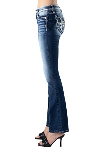 Miss Me Women's Mid-Rise Western Double Horseshoe and Feathers Embellished Bootcut Jeans3