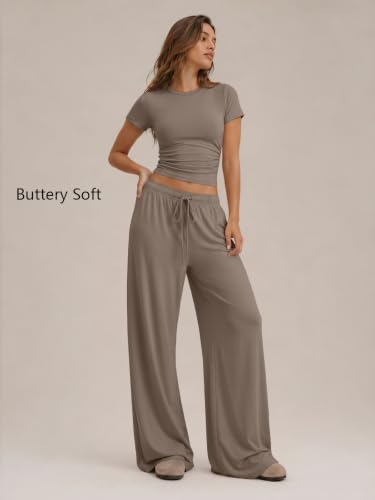 Image of Trendy Queen 2 Piece Matching Summer Lounge Set Womens Side Ruching Top Wide Leg Pants Sets with Pockets