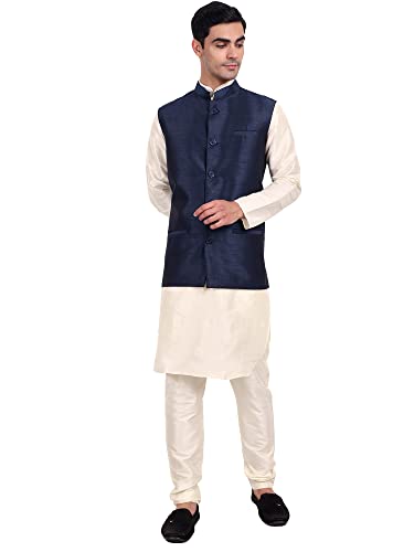 SKAVIJ Men's Indian Traditional Dupion Silk Kurta Pajama Nehru Jacket (Waistcoat) Set