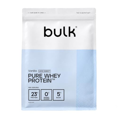 Bulk Pure Whey Proteine in Polvere Meno Dolce, Vaniglia, 23g di Proteine e 5g di BCAA, Shake di Whey Concentrato, A Basso Contenuto di Zuccheri, Supporta la Crescita e il Recupero Muscolare, 2.5kg