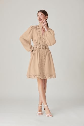 Image of LAI MENG FIVE CATS Women's V-Neck Elegant Lace Long Sleeve Lantern Sleeve Button up Casual Mini Dress