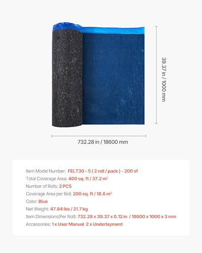 Image of VEVOR Floor Underlayment 400 sq. ft, 3mm Laminate Flooring Padding with Attached Vapor Barrier, Heavy Duty Fiber+PE Film, Soundproofing & Noise Reduction for Vinyl & Wood(2 Rolls x 200 sq. ft)