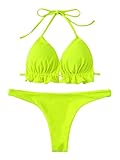 SweatyRocks Women's Solid Color Bathing Suits Halter Triangle Bikini Top Thong Swimsuits Neon Small