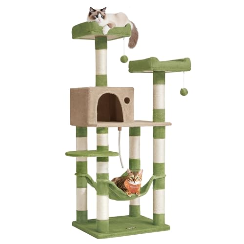 Feandrea Cat Tree 55.8-Inch Cat Tower Multi-Level Plush Condo with 11 Scratching Posts 2 Perches Hammock Cave Grass Green and Camel Brown UPCT015CB02