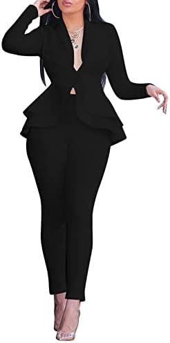 Salimdy Sexy 2 Piece Outfits for Women Long Sleeve Solid Blazer with Pants Casual Elegant Business Suit Sets Black L