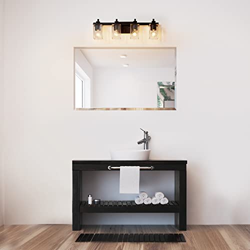 Image of GLOBE Electric 52089 Dakota 4-Light Vanity Light, Matte Black, Seeded Glass Shades