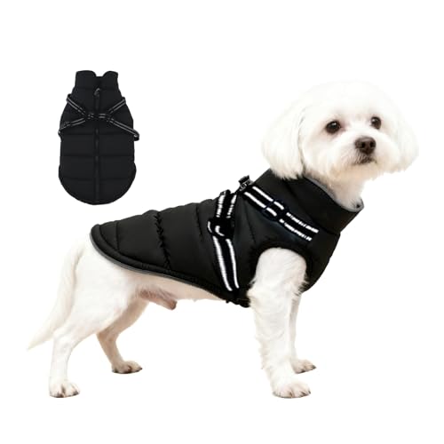 Manteau pour Chien Hiver Petite Taille, ZoneYan Imperméable Manteau Chien avec Harnais Réfléchissants et Réglable, Veste Chauds Chiens Vêtements, Gilet de Protection Contre pour Chiot (Noir, XS)