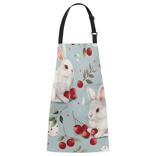 Aglebo Rabbits Cherries Chef Apron with Pockets Adjustable Shoulder Strap Waterproof Cooking Apron for Kitchen Baking Gardening Pottery Painting