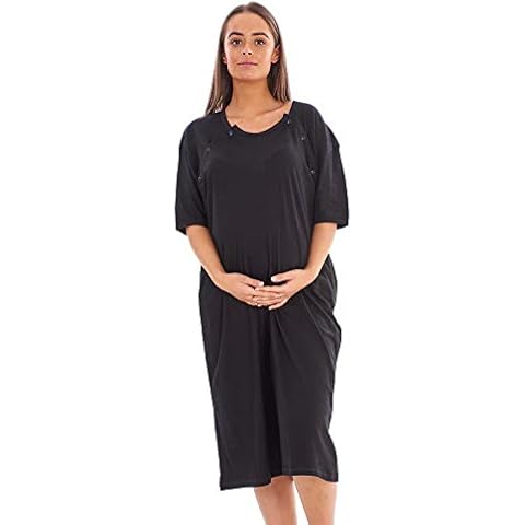 Ladies Plain Maternity Nursing Nightdress 100% Cotton Breast Buttons Labor Gown Black Cover
