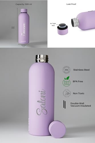 Image of AICA Personalized Name Stainless Steel Water Bottle -500ml -12Hrs Hot & 18Hrs Cold (Purple) |Customised Gift For Man Woman Girl Boy