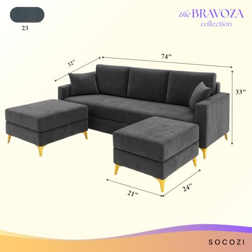 Image of SOCOZI Bravelle 5 Seater L Shape Sofa Set with 2 Movable Ottomans | Flexible Layout| Soft Velvet Suede Fabric|Modern Sofa | Plush Comfort Cushions for Living Room (Dark Gray)