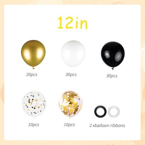 Image of 100pcs Black Gold and White Balloons with 12inch Metallic Gold and Black Confetti Balloons for Class of Graduation, 30th 40th 50th Birthday Party Decoration (with 2 Ribbons)