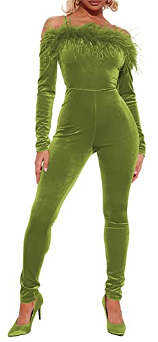 Womens Sexy Long Sleeve Off Shoulder Feather Paneled Bodycon Party Clubwear Jumpsuit Rompers Green #TOP25