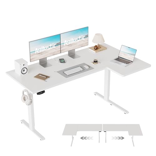 Image of Agilestic 55 Inch Reversible L Shaped Standing Desk, Electric Height Adjustable Desk with Memory Preset, Sit Stand Up Computer Workstation for Home Office, Splice Board, White
