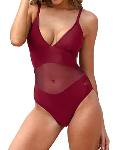 image for Holipick Women Wine Red Sexy One Piece Swimsuits Mesh Bathing Suits Pl