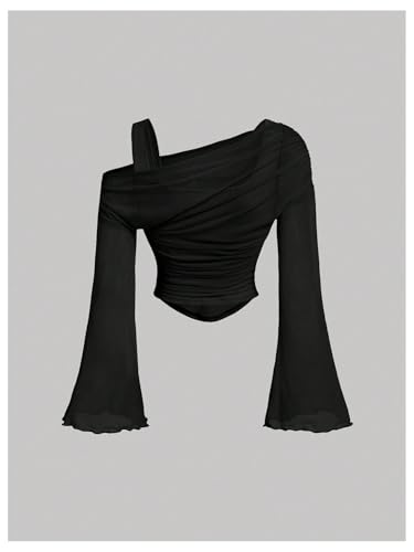 SOLY HUX Girl's Cold Shoulder T Shirt Bell Long Sleeve Mesh Tee Ruched Asymmetric Hem Tops2