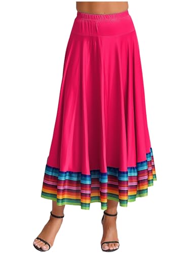 TiaoBug Faldas Largas De Baile Folklórico para Mujer Disfraz Flamenca Sevillana con Raya Colorida Disfraz De Mejicana Ropa De Baile Elegante Rosa Fuerte 87cm L