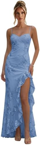 Women's Spaghetti Straps Floral Lace Prom Dress Ruffle Bridesmaid...