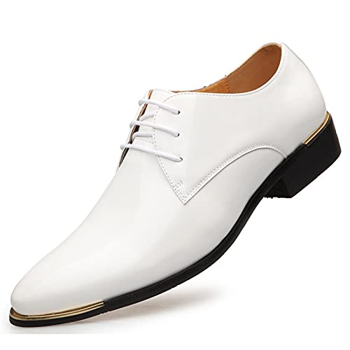 HOOENG Oxford Formal Shoes for Men Lace Up Derby Shoes Round Toe Faux Leather Block Heel Non Slip Resistant Business (Color : White, Size : 9)
