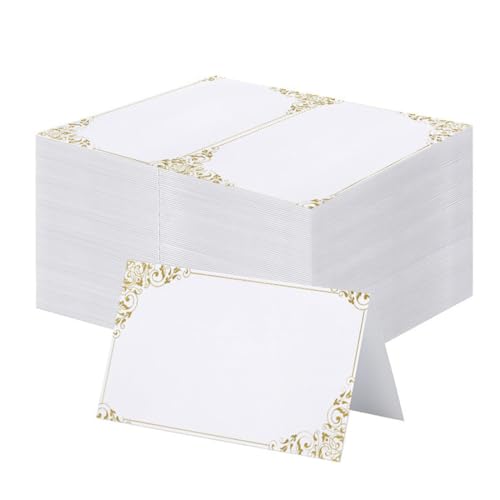 YAZWUR 50 cartes de table, cartes de placement vierges, cartes de nom à personnaliser, avec bordure dorée et décorations aux coins, pour mariage, anniversaire, communion, baptême, fête, festival (Or)