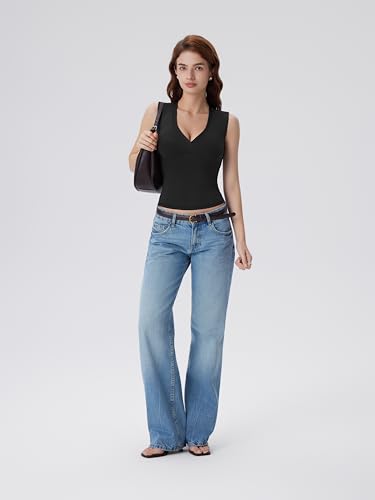 Image of SUUKSESS Women Built in Bra V Neck Tank Tops Double Lined Summer Going Out Camisole Tops