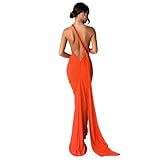 Women's Sexy One Shoulder Backless Maxi Dress Elegant Ruched O Ring Sleeveless Evening Dress Long Gown Cocktail Dresses Orange