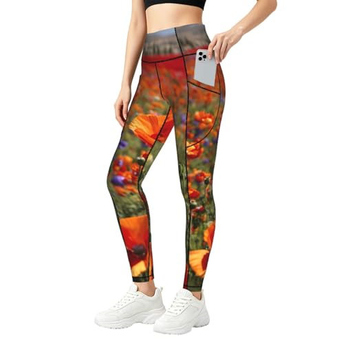 Leggings con estampado de flores amapola y bolsillos TTYDOKLA pantalones elásticos de mujer