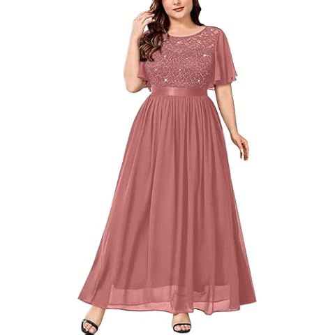 Knitee Women's Plus Size Sparkle Sequin Lace Chiffon Formal Flutter Sleeves Wedding Party Flowy Maxi Dresses Cover