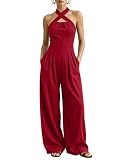Genérico Mono de lino para mujer con escote cruzado, espalda descubierta y cuello halter, con bolsillos. Perfecto para unas vacaciones de verano en la playa. (Red,XL)