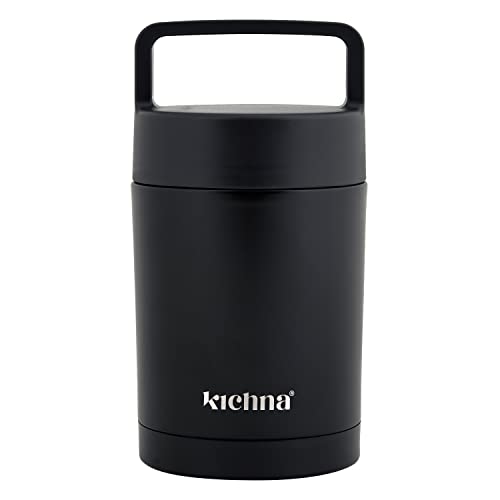Kichna Vacuum Double Walled Stainless Steel thermal Food Flask Tub | BPA Free Lid Leak & Spill Proof Jar with Handle | Keeps Cold for 6Hrs or Hot for 6Hrs - Onyx Black