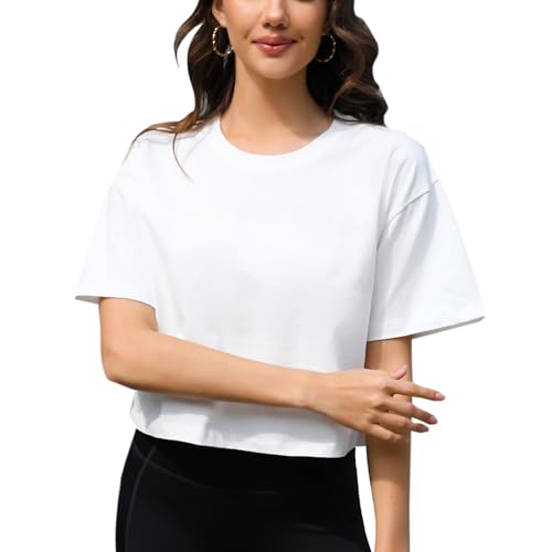 Women Workout Crop Top T-Shirt 100% Cotton Drop Shoulder Half Sleeve Oversized Yoga Running Cropped Loose Tee