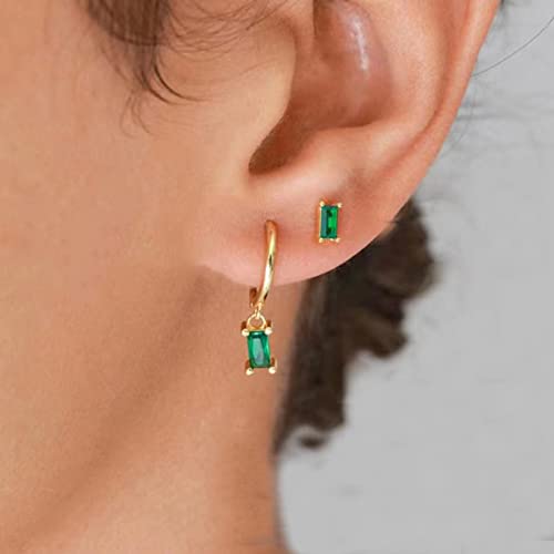 Gold Hoop Earrings With Green Drop, Huggie Hoops For Women & Men - 14K Gold, Hypoallergenic - 2PCS2