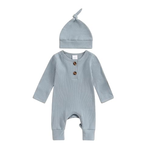 Image of ICECTR Newborn Baby Boy Girl Clothes Infant Ribbed Romper Long Sleeve Knit Bodysuit Jumpsuit Hat Coming Home Outfit (Blue, Newborn)