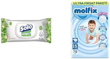 Solo Islak Havlu Kapaklı 90 Yaprak x1 + Molfix 3D Junior 5 Beden Aylık Paket 78 Adet, Beyaz x1