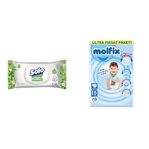 Solo Islak Havlu Kapaklı 90 Yaprak x1 + Molfix 3D Junior 5 Beden Aylık Paket 78 Adet, Beyaz x1
