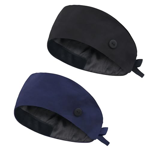 Image of Adjustable Scrub Cap with Button, Satin-Lined Cotton Scrub Hat Sweatband, Elastic Working Hat Unisex, One Size