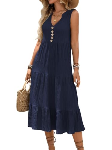 Image of HELYO Women's Casual Summer Dress 2026 Sleeveless V Neck Button Beach Sundress Tiered Ruffle Flows Skirt Midi Dresses