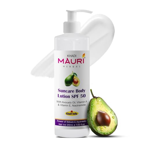Image of Khadi Mauri Herbal Suncare Body Lotion (Sunscreen) SPF 50 | Broad Spectrum | Hydrates & Nourishes Skin | Enriched with Avocado Oil, Vitamin A & E, Niacinamide | 210 ml