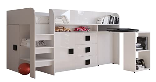 MEBLE KRYSPOL Toledo 1 Hochbett für Kinder, Jugendliche mit Stauraum - Etagenbett mit Schreibtisch, Kleiderschrank, Regal, Schubladen, Treppe - 203,3x106,6x125 cm - Weiß, Weiß, Schwarz