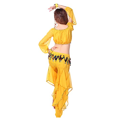 Jueshanzj Conjunto de ropa de práctica de danza del vientre, ropa de rendimiento, farol, manga larga, pantalones giratorios, amarillo, talla única Cover