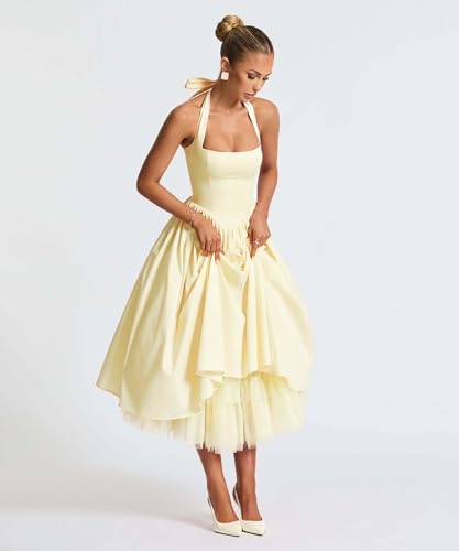 Image of Women Summer Halter Dress Low Cut Sleeveless A Line Tulle Swing Flowy Tea Length Dress Corset Prom Formal Ball Gowns
