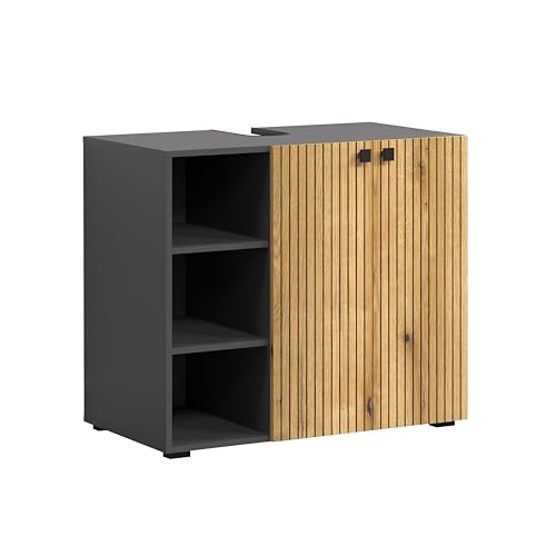 Preisvergleich Produktbild trendteam smart living - PureBliss - Waschbeckenunterschrank - Rillenoptik - Anthrazit / Evoke Eiche - 3 offene Fächer + 1 Einlegeboden - (BxHxT) 90 x 79 x 53cm - edle Metallgriffe
