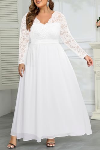 Image of Talisea Plus Size Formal Wedding Dresses - Gowns Evening Prom Elegant V Neck Long Sleeve Lace Chiffon Long Maxi Dress