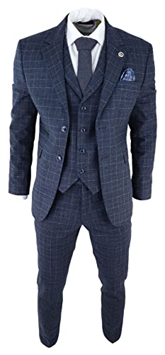 Costume Bleu pour Homme Tweed 3 pièces à Carreaux Style Vintage années 20 Gatsby Blinders Coupe ajustée - Bleu 48 Cover