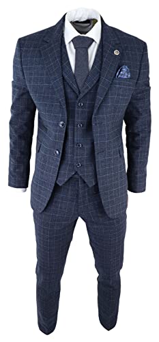 Mens Tweed 3 Piece Suit Blue Check Vintage 1920s Gatsby Blinders Tailored Fit - Blue 36