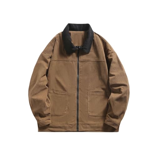 Mens Corduroy Cargo Jacket Windbreakers Zipper Coats Loose Cargo Casual