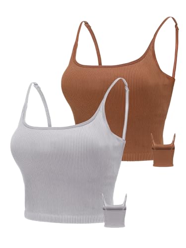 Image of Chilylori Seamless Sports Bra Cropped Tank Top with Adjustable Strap 2 Pack | Workout Tops Ribbed Sports Bra for Women Wireless Longline Crop Tank Padded Comfortable Brami