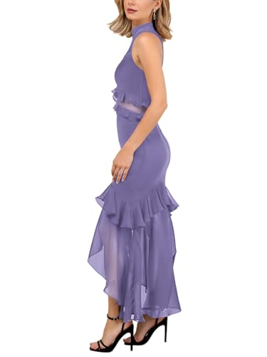 Image of Aisbei Women's Elegant Bodycon Maxi Dress Mock Neck Sleeveless Mesh Ruffle Dress Party Cocktail Formal Wedding Guest Dresses