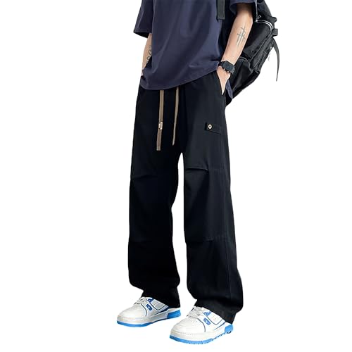 Men's Baggy Black Wide Leg Drawstring Jeans Japanese High Street Patchwork Pants Mens Cotton Jogger Casual Pants