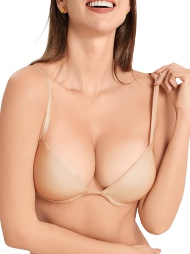 Image of Push Up Bra Deep Plunge Thick Padded Add Cup Smooth T Shirt Bras Underwire Demi Low Cut Molded Bralette